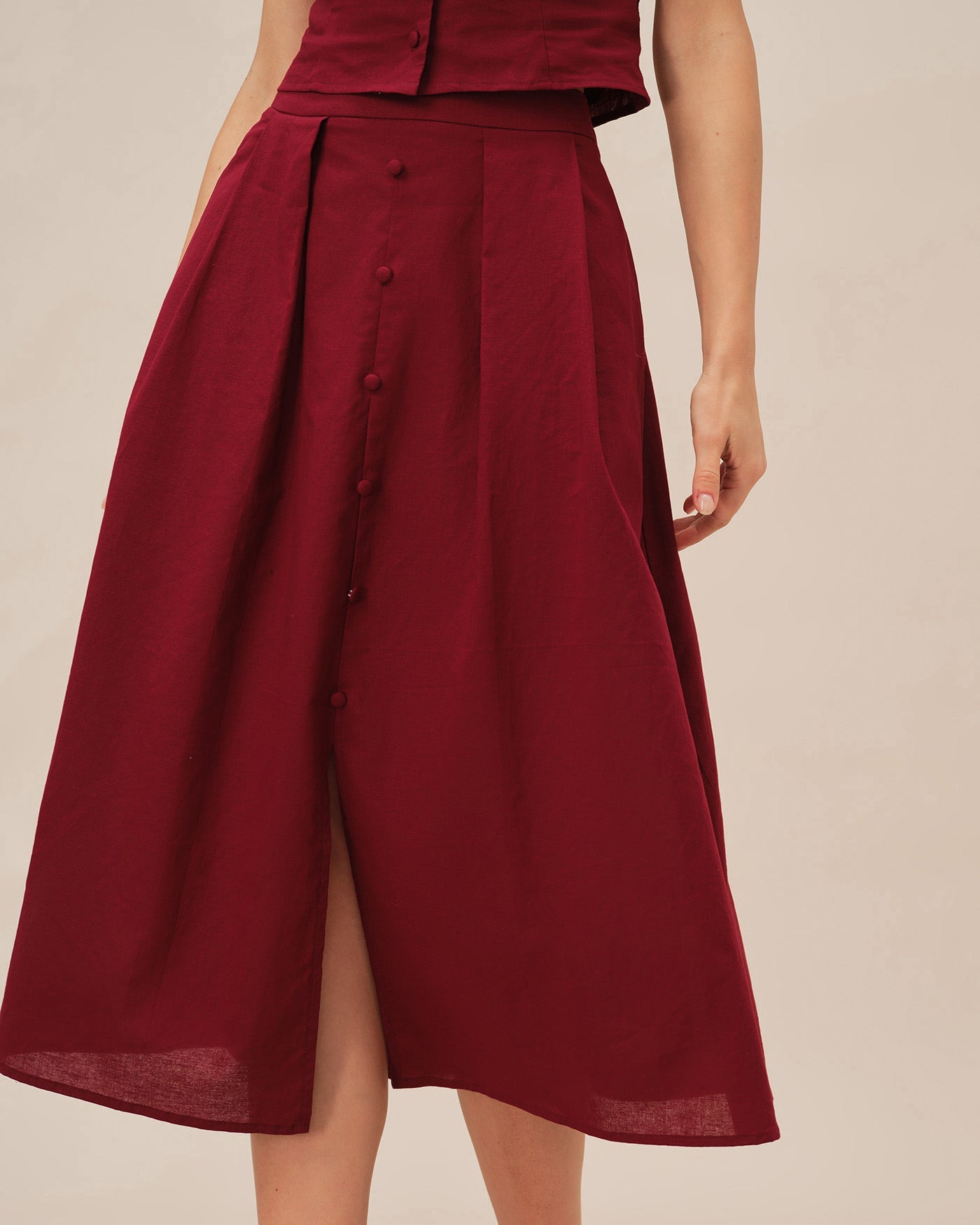 Crimson Ruched Midi Skirt with Slit