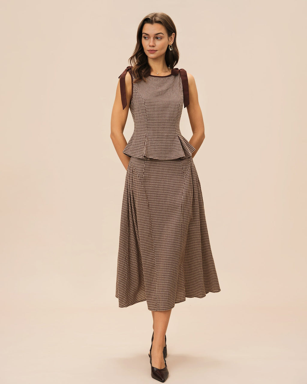 Plaid Midi Skirt in Brown