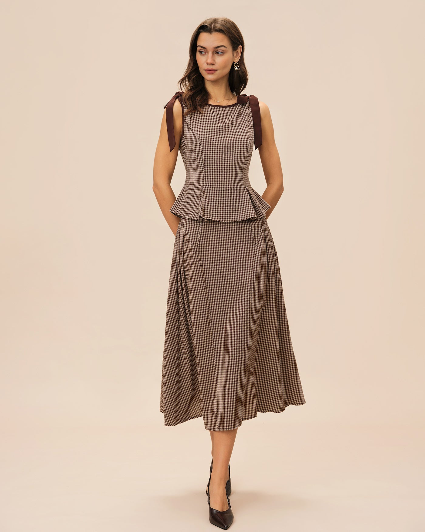 Plaid Midi Skirt in Brown