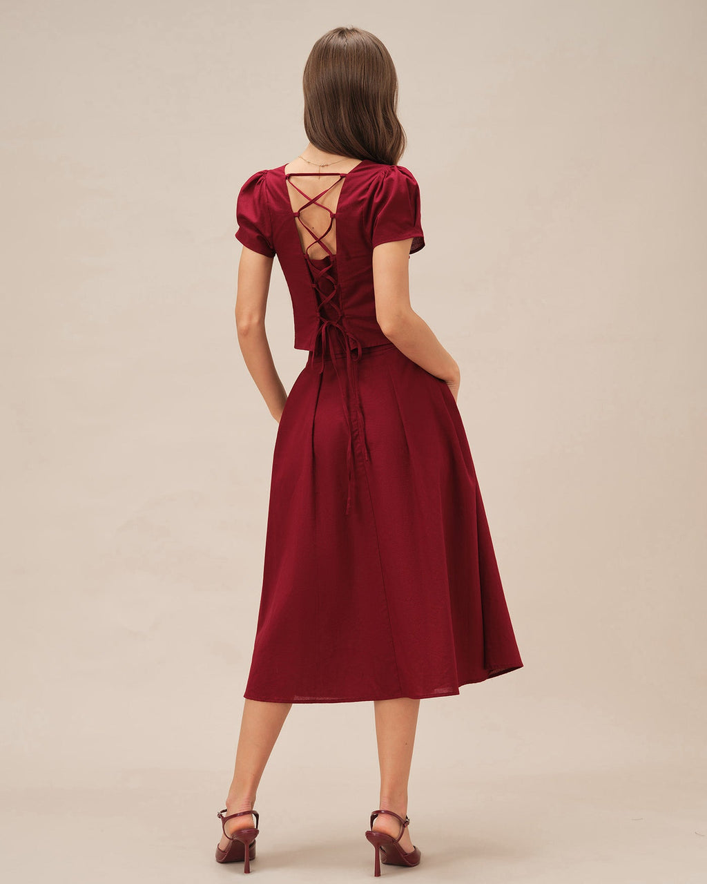 Crimson Ruched Midi Skirt with Slit