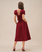 Crimson Ruched Midi Skirt with Slit