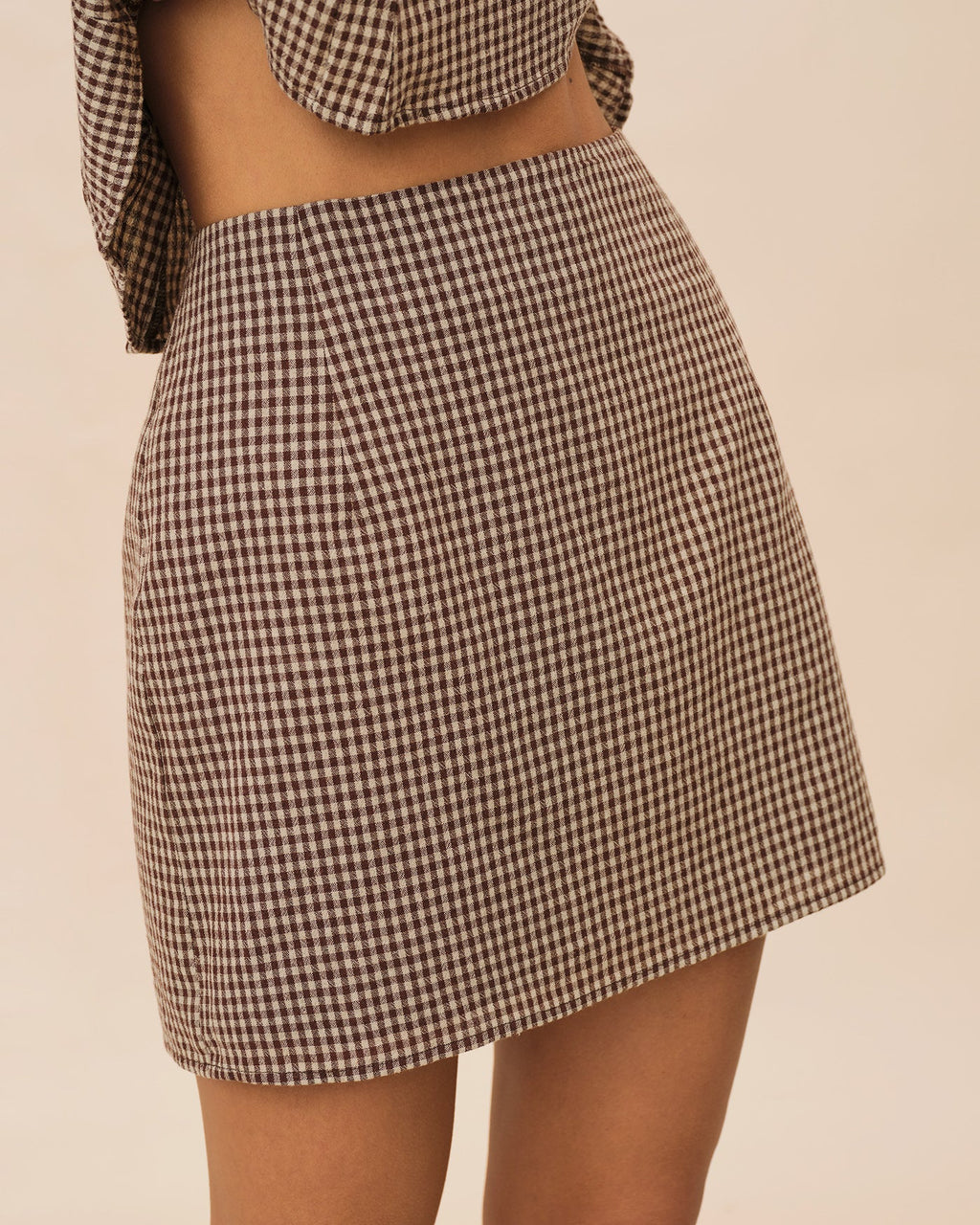 Brown Checkered Cotton Mini Skirt