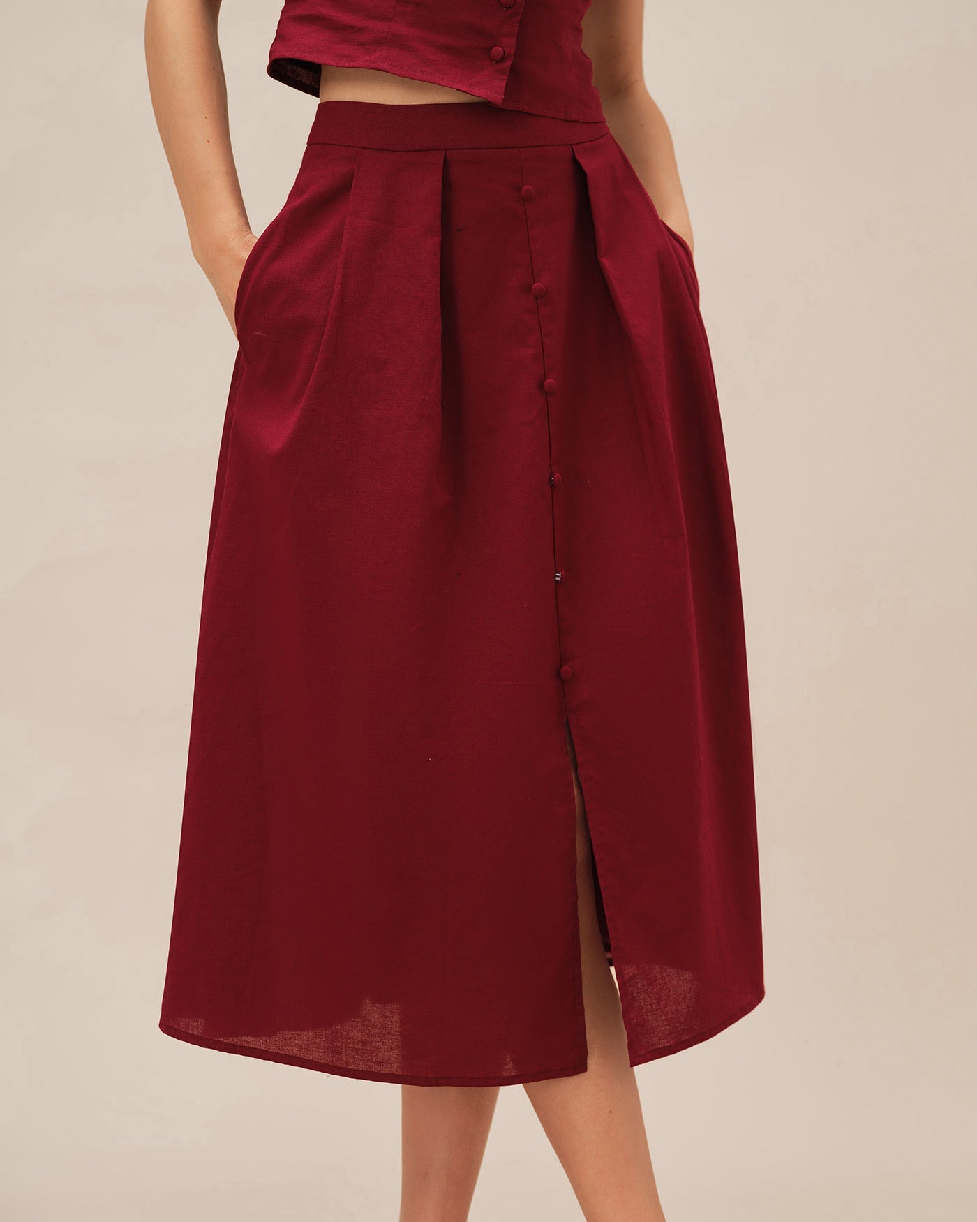 Crimson Ruched Midi Skirt with Slit