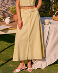 Embroidered Yellow Midi Skirt with Button Detail
