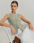 Plaid Tank Top with Boat Neck in Light Green