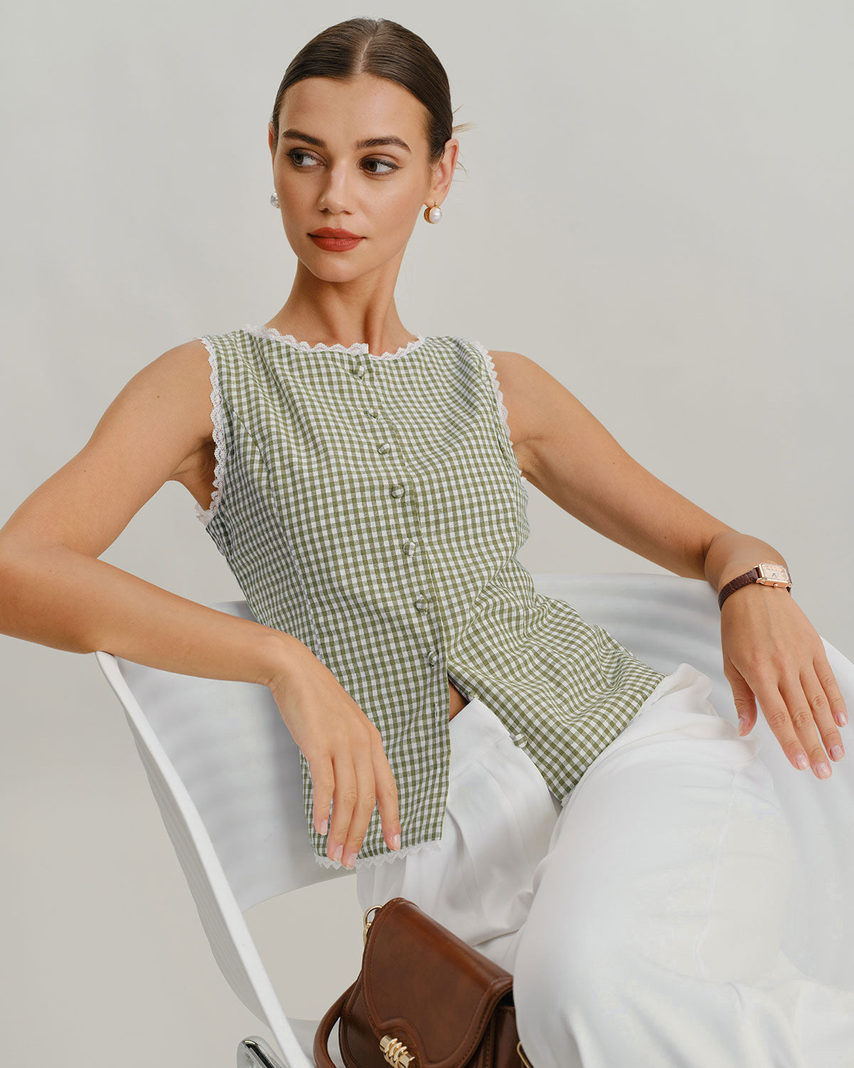 Plaid Tank Top with Boat Neck in Light Green