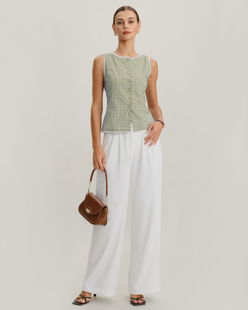 Plaid Tank Top with Boat Neck in Light Green