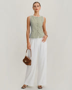 Plaid Tank Top with Boat Neck in Light Green