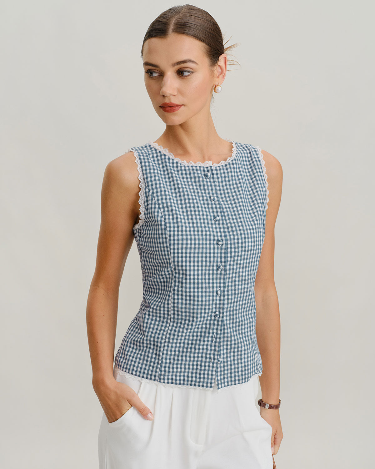 Sleeveless Blue Plaid Tank Top