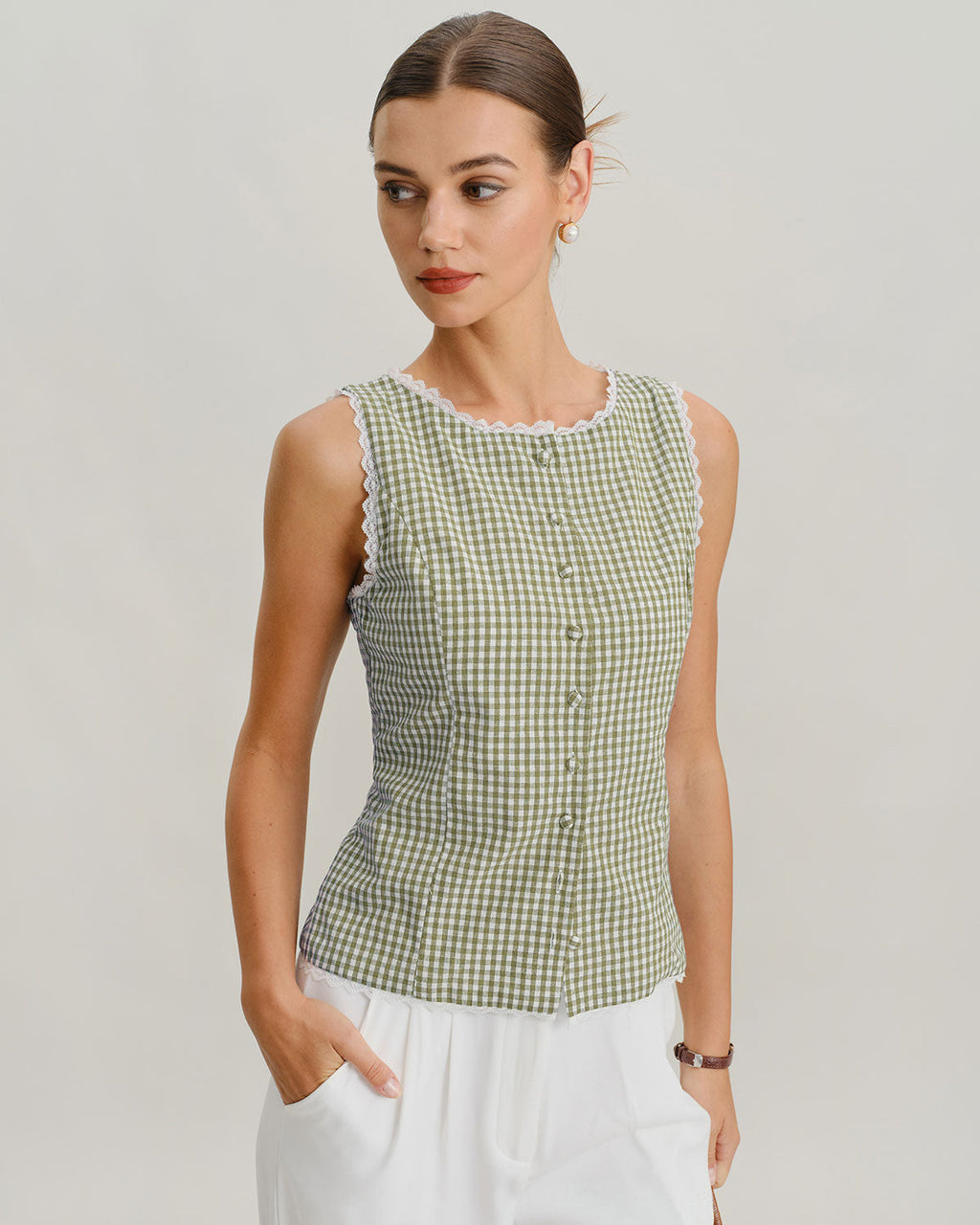 Plaid Tank Top with Boat Neck in Light Green