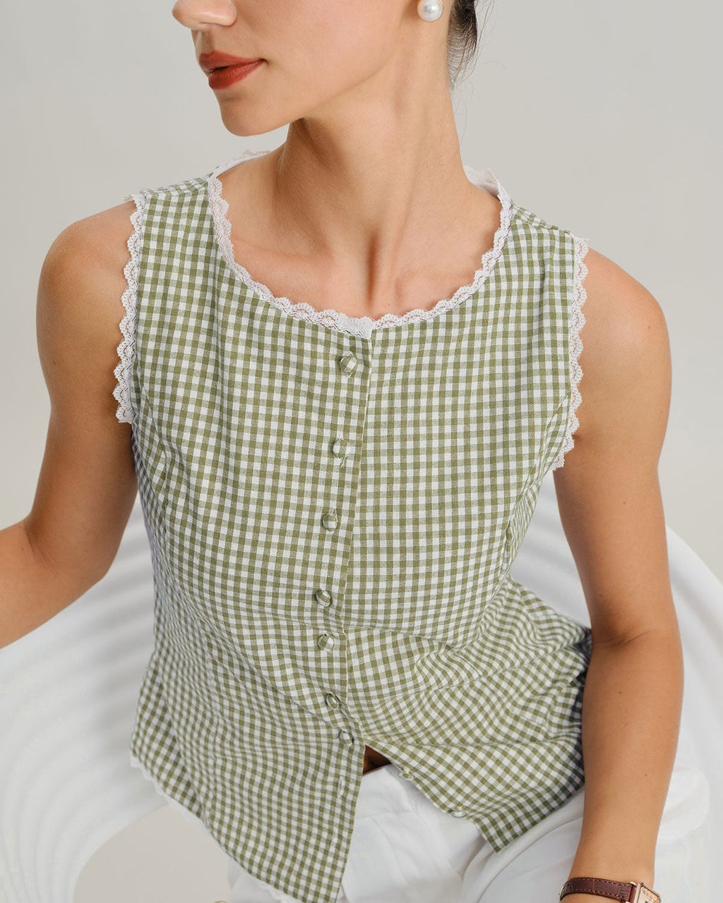 Plaid Tank Top with Boat Neck in Light Green