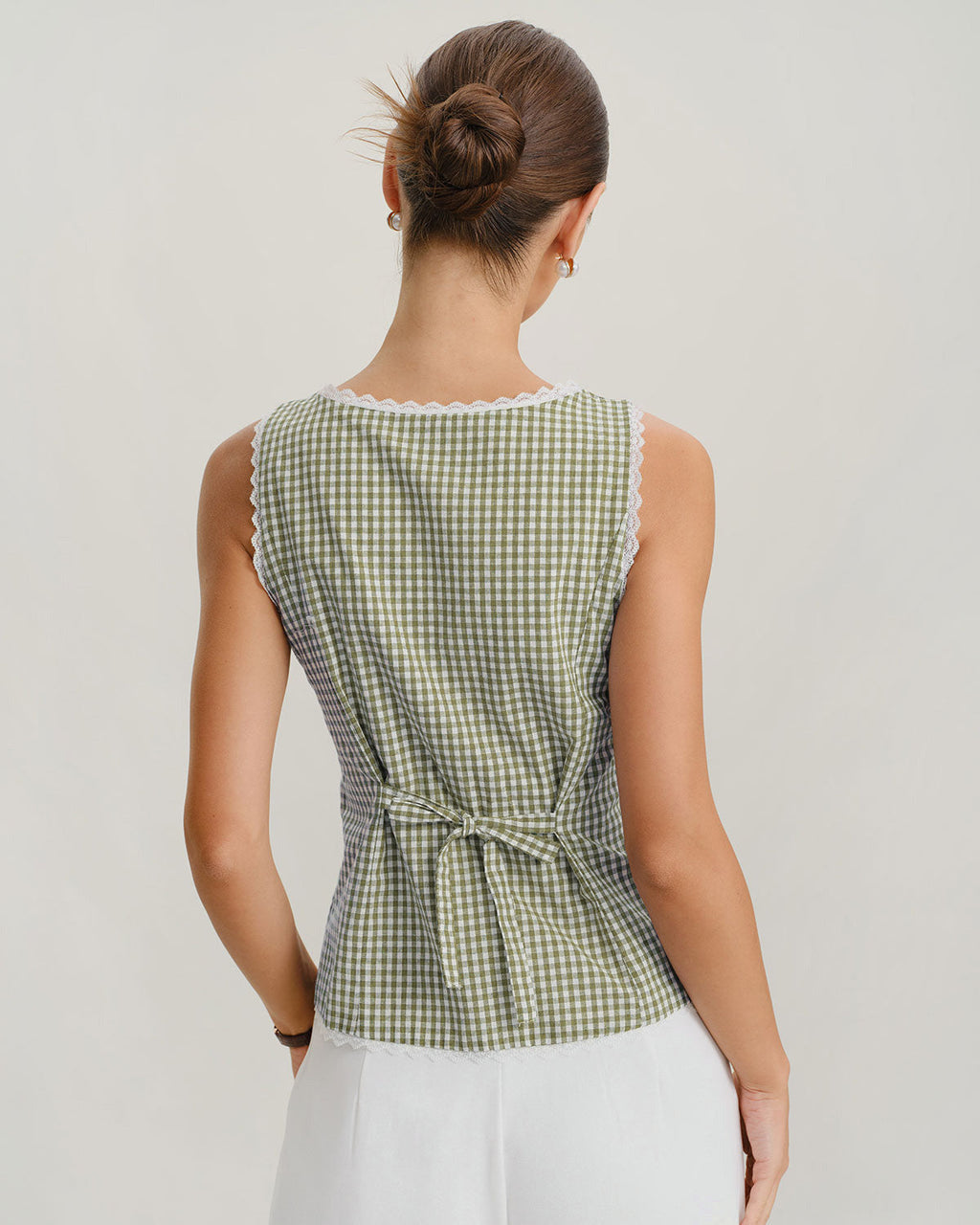 Plaid Tank Top with Boat Neck in Light Green