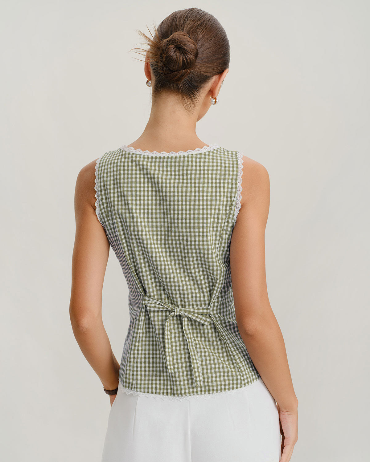 Plaid Tank Top with Boat Neck in Light Green