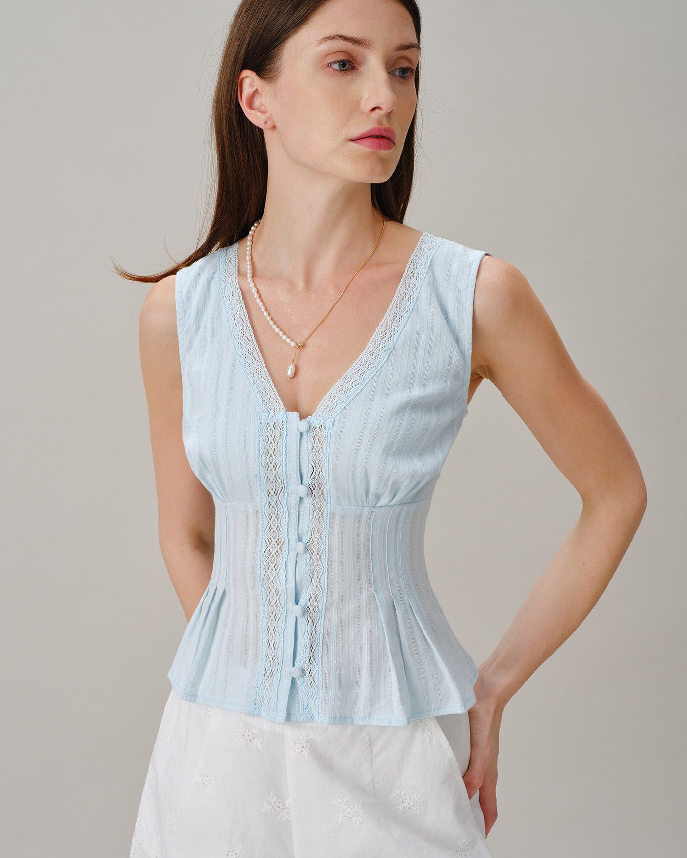 Blue Lace Button-Up V-Neck Tank Top