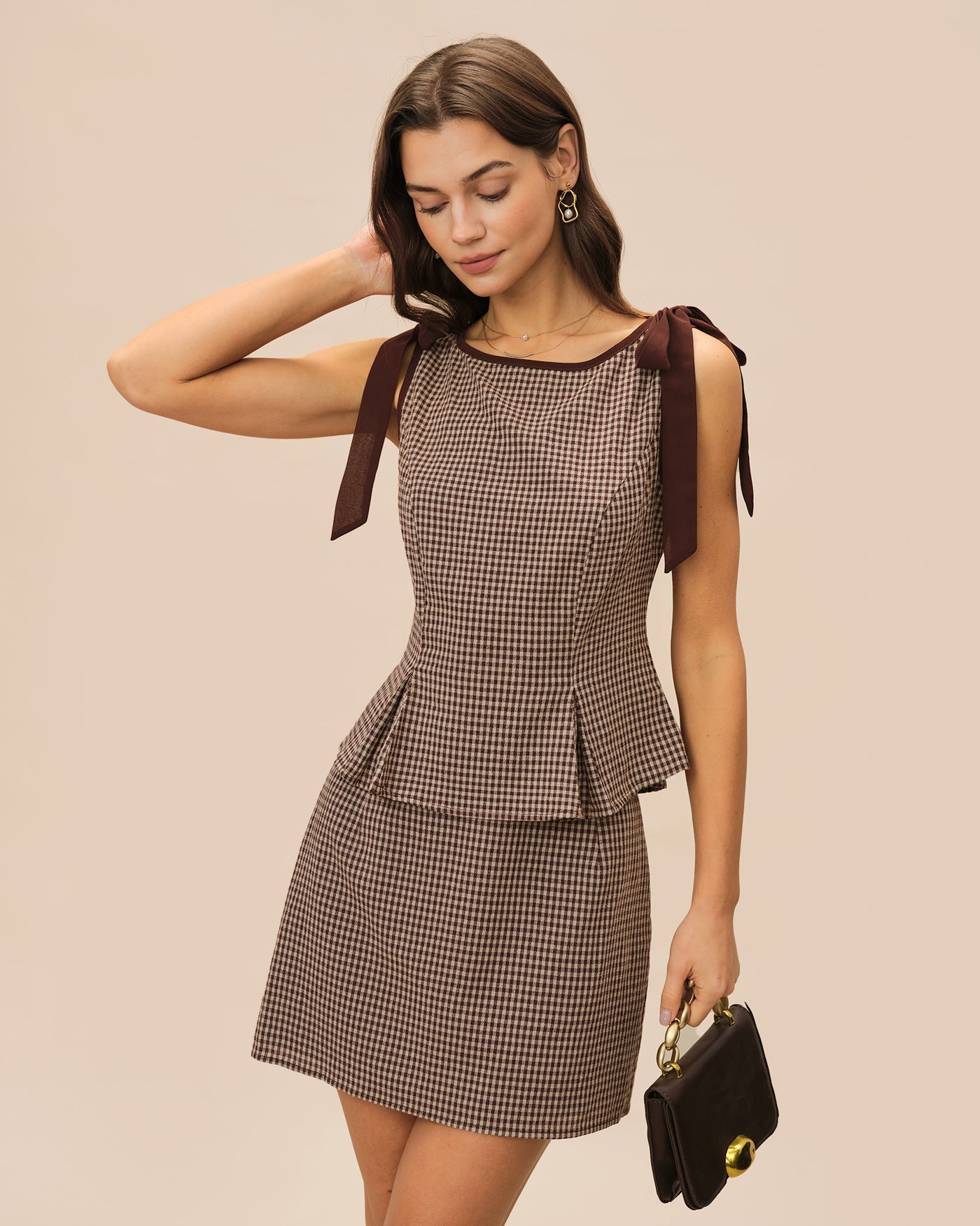 Plaid Brown Boat Neck Tank Top