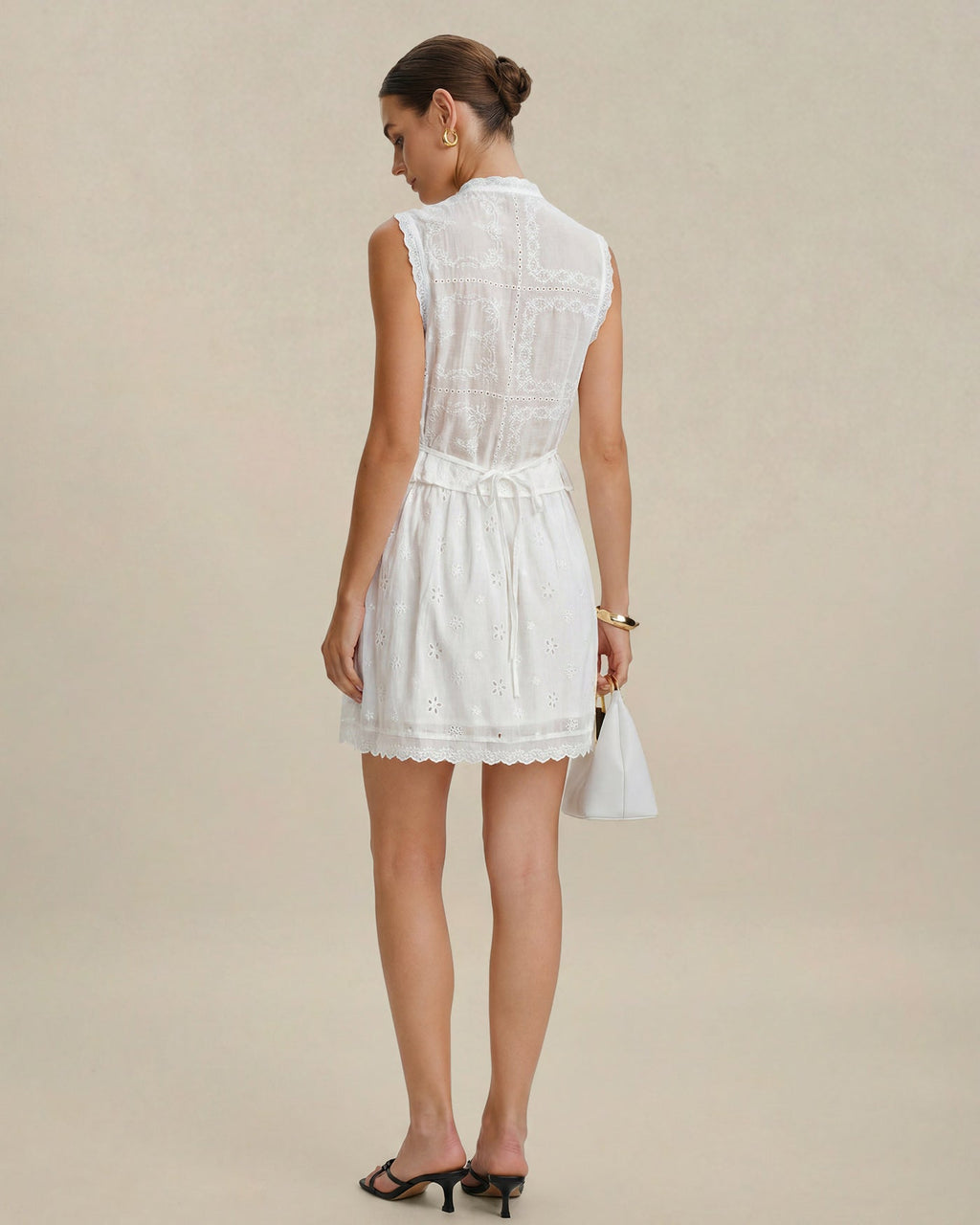 White Lace Button Tank Top with Embroidery
