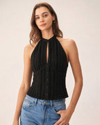 Black Cut-Out Tank Top with Mandarin Collar