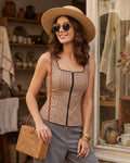 Brown Checkered Shirred Tank Top