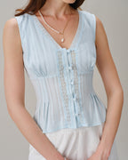 Blue Lace Button-Up V-Neck Tank Top