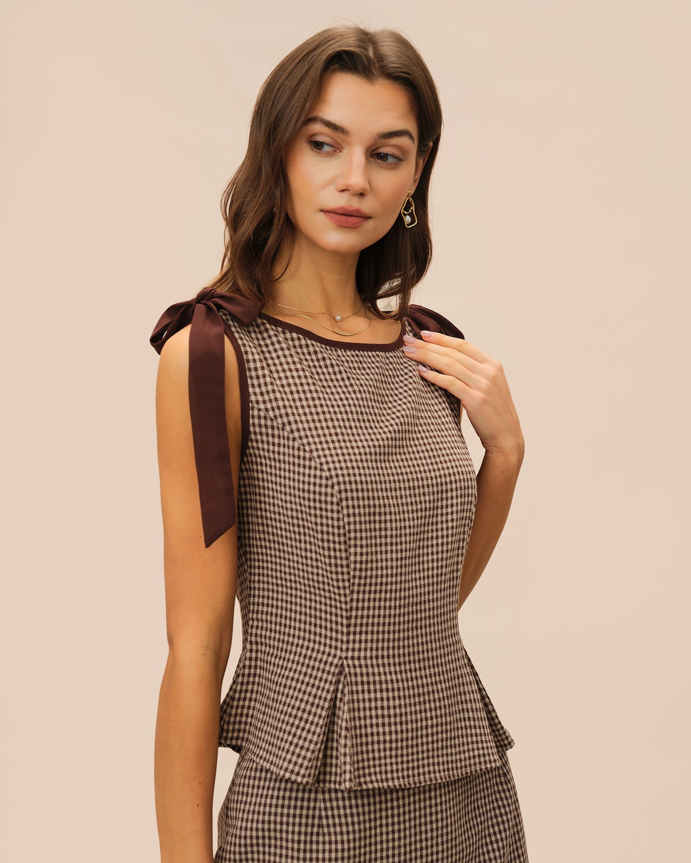 Plaid Brown Boat Neck Tank Top