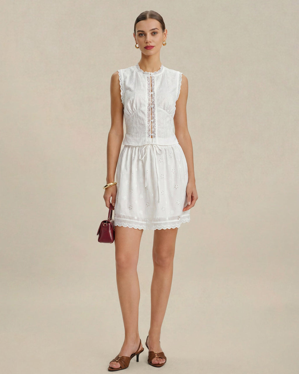 White Lace Button Tank Top with Embroidery