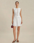 White Lace Button Tank Top with Embroidery
