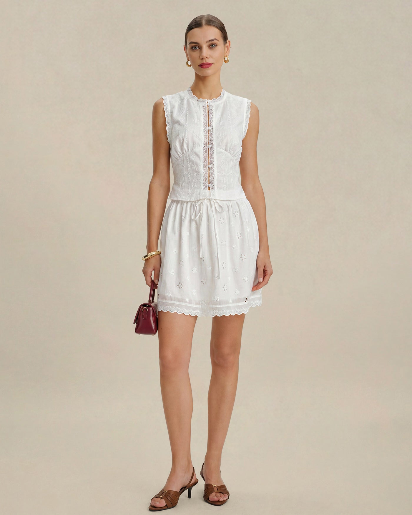 White Lace Button Tank Top with Embroidery