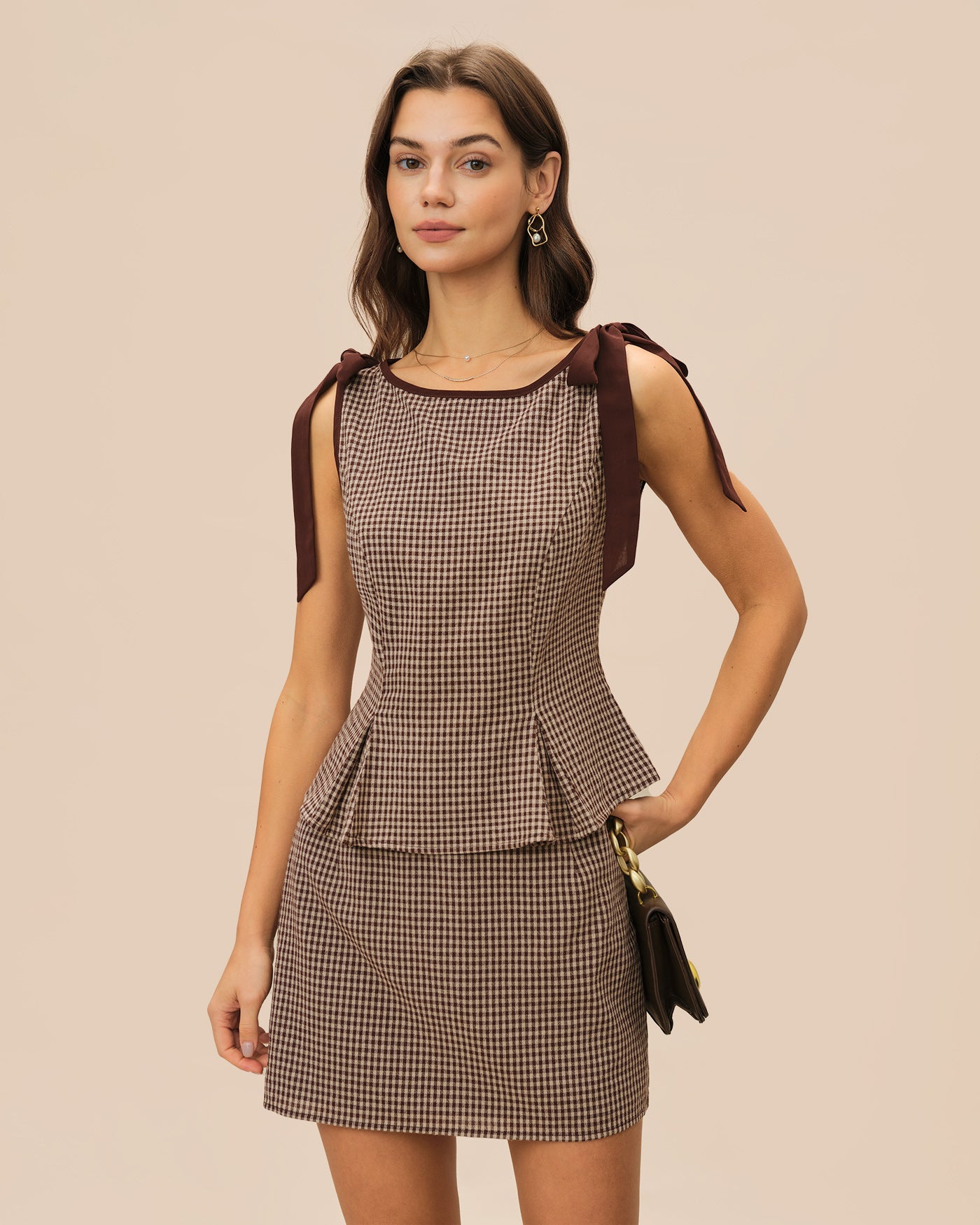 Plaid Brown Boat Neck Tank Top