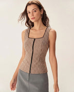 Brown Checkered Shirred Tank Top