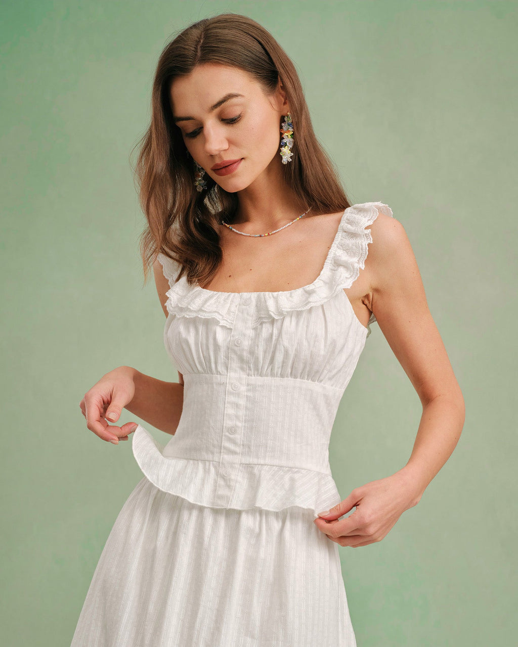 White Ruffled Square Neck Tank Top