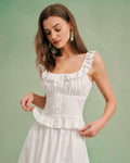 White Ruffled Square Neck Tank Top