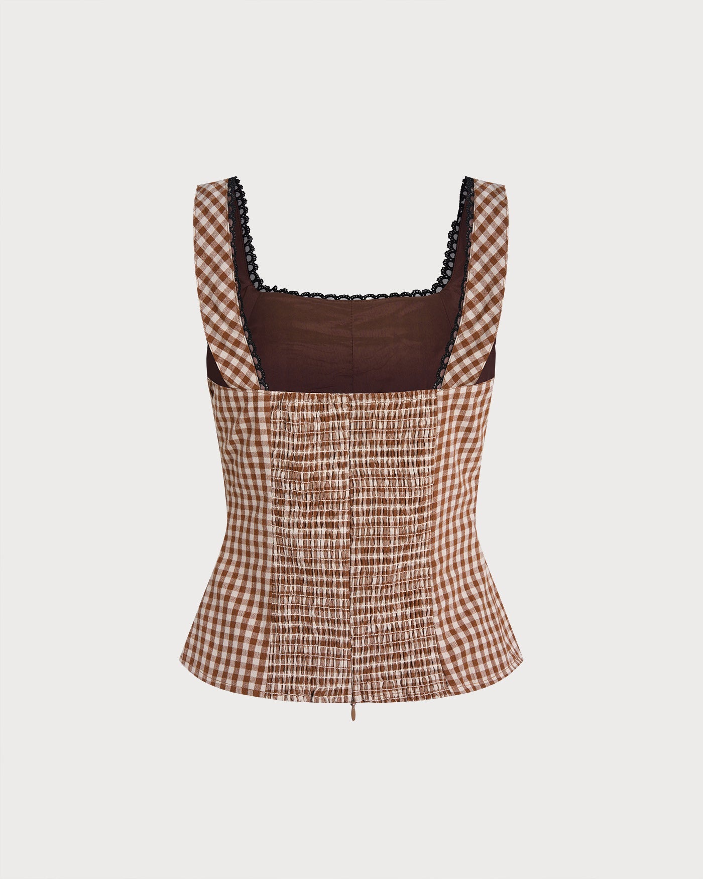 Brown Checkered Shirred Tank Top