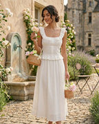 White Ruffled Square Neck Tank Top