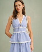 Blue Lace V-Neck Tank Top