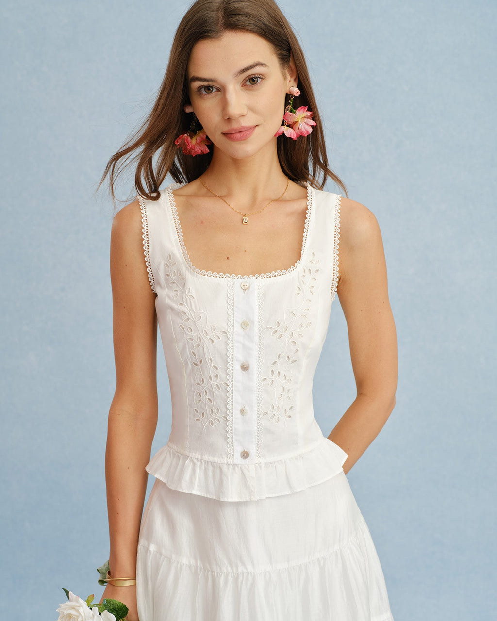 White U-Neck Lace-Embroidered Tank Top
