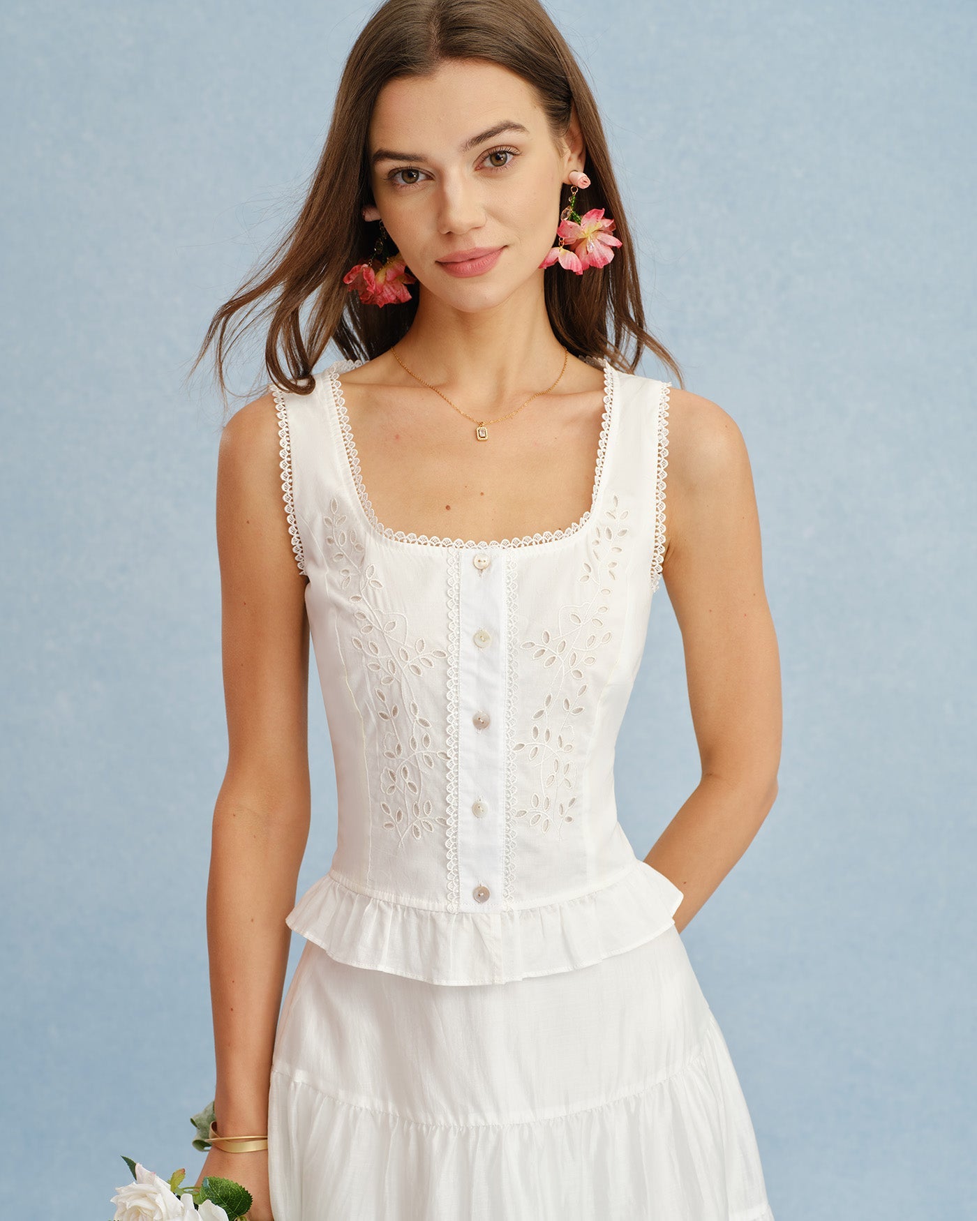 White U-Neck Lace-Embroidered Tank Top