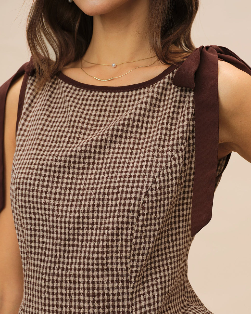 Plaid Brown Boat Neck Tank Top