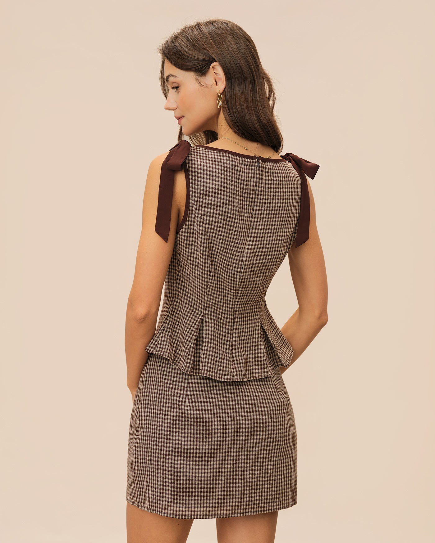 Plaid Brown Boat Neck Tank Top