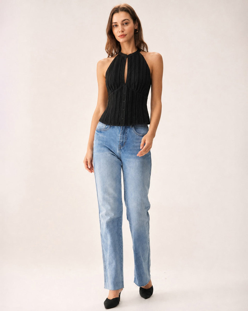 Black Cut-Out Tank Top with Mandarin Collar