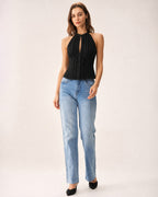 Black Cut-Out Tank Top with Mandarin Collar
