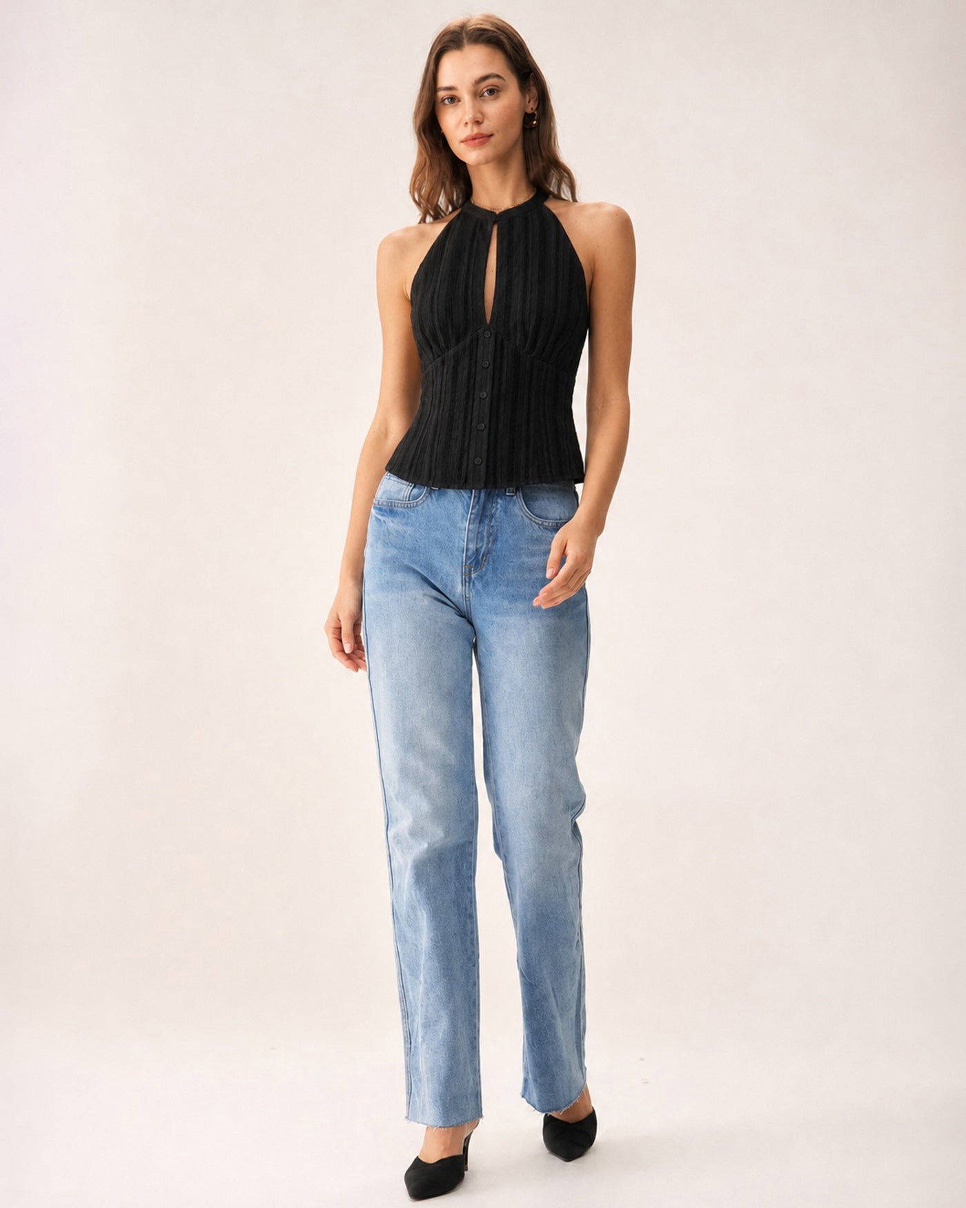 Black Cut-Out Tank Top with Mandarin Collar