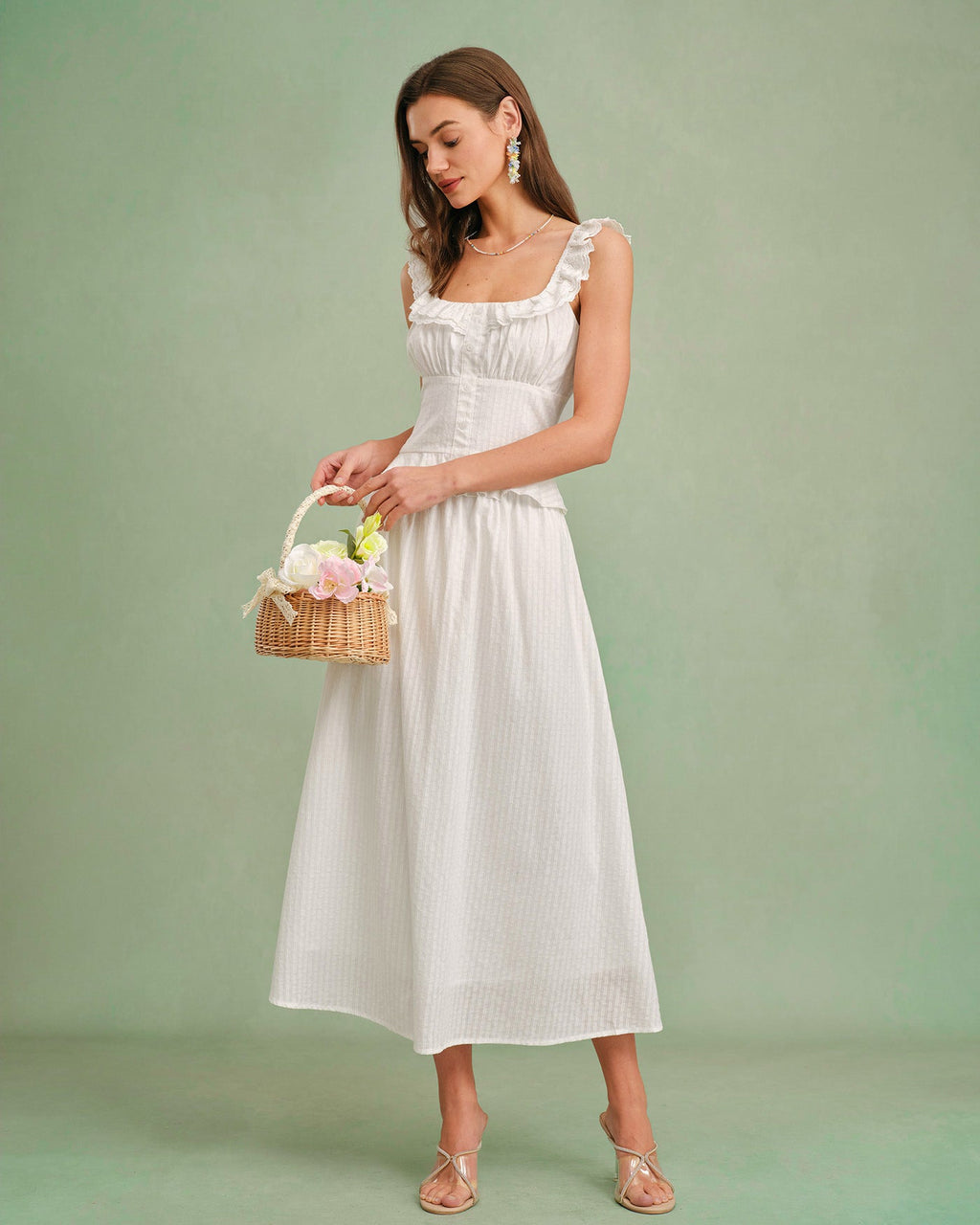 White Ruffled Square Neck Tank Top