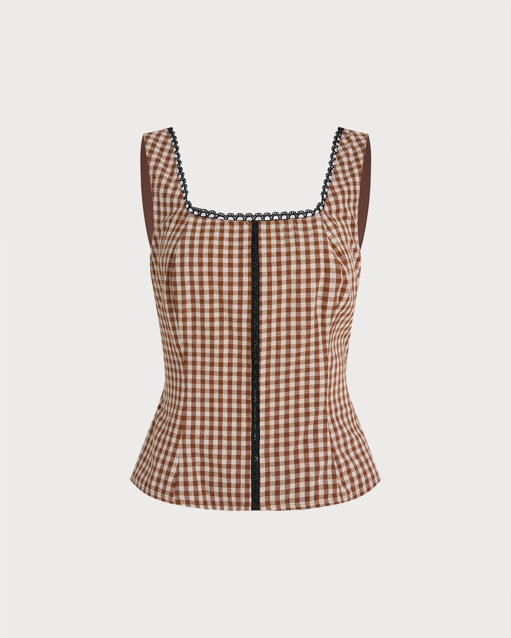Brown Checkered Shirred Tank Top