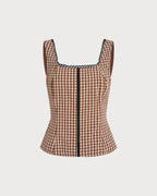 Brown Checkered Shirred Tank Top