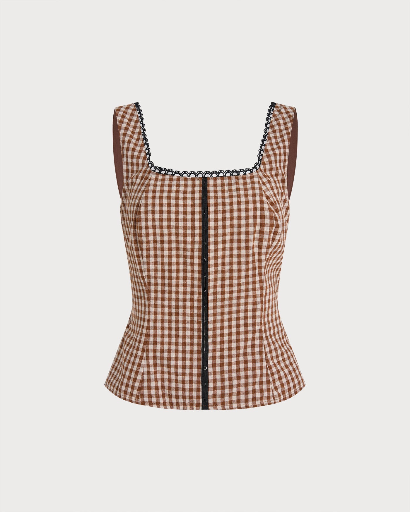 Brown Checkered Shirred Tank Top