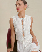 White Lace Button Tank Top with Embroidery