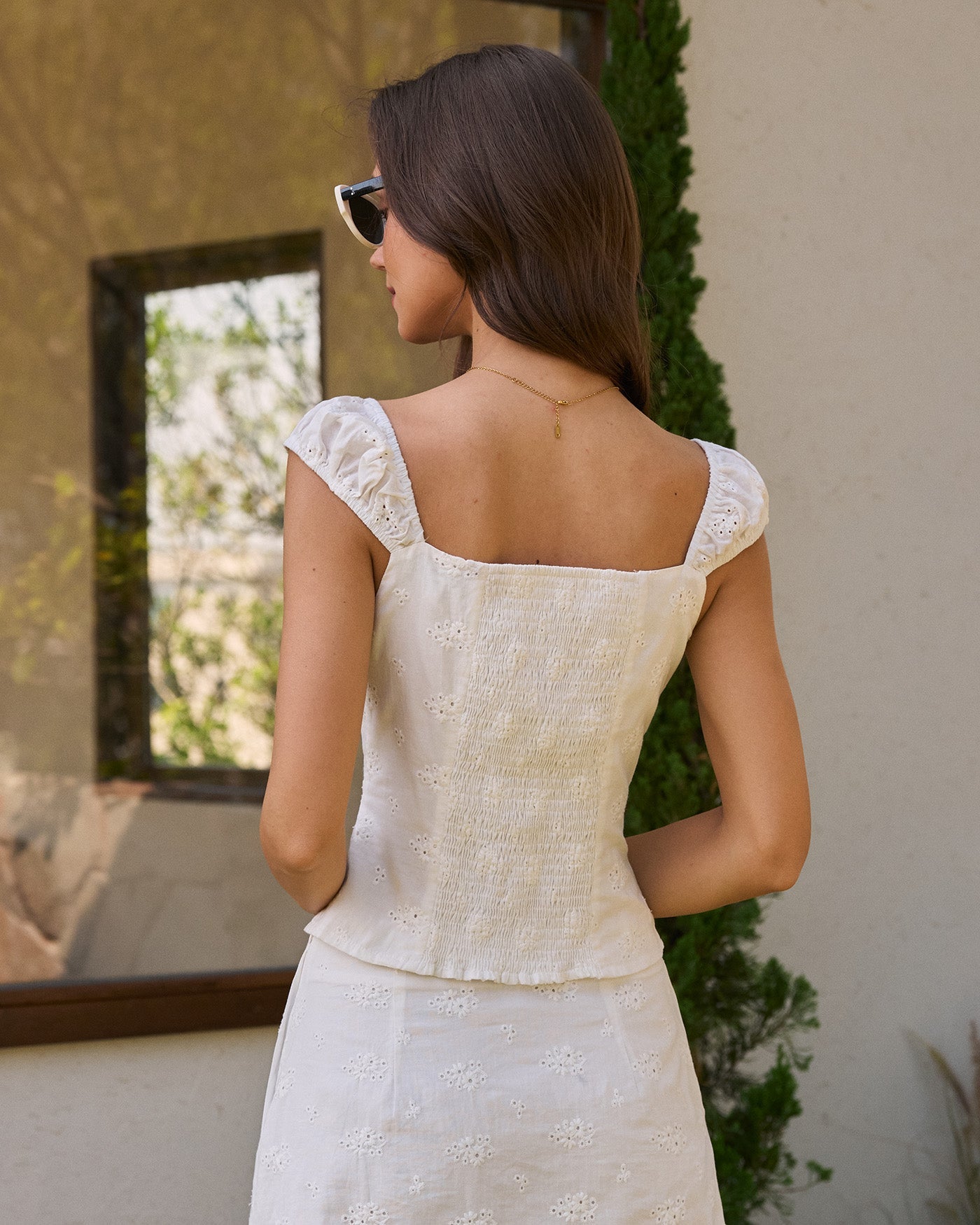 Embroidered White Square Neck Tank Top