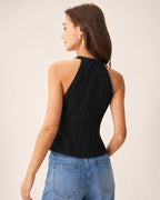 Black Cut-Out Tank Top with Mandarin Collar
