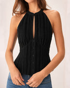Black Cut-Out Tank Top with Mandarin Collar