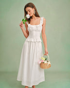 White Ruffled Square Neck Tank Top